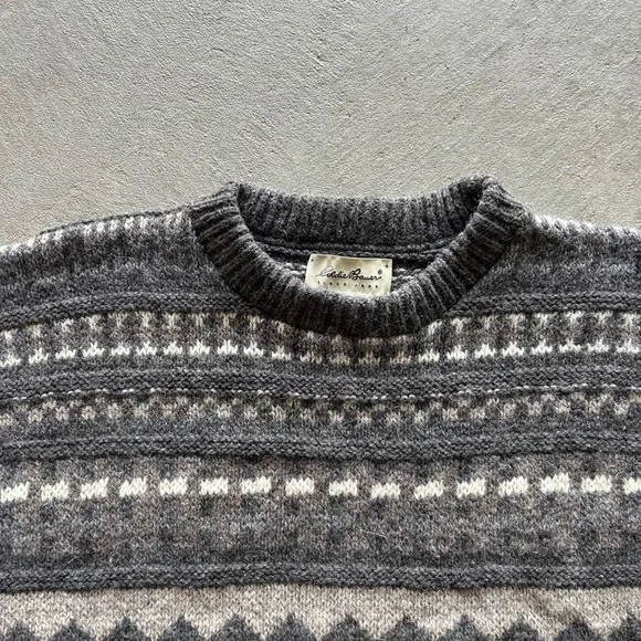 Vintage 90s Eddie Bauer Sweater Size Large Gray Striped Wool Pullover USA Made - Picture 2 of 5